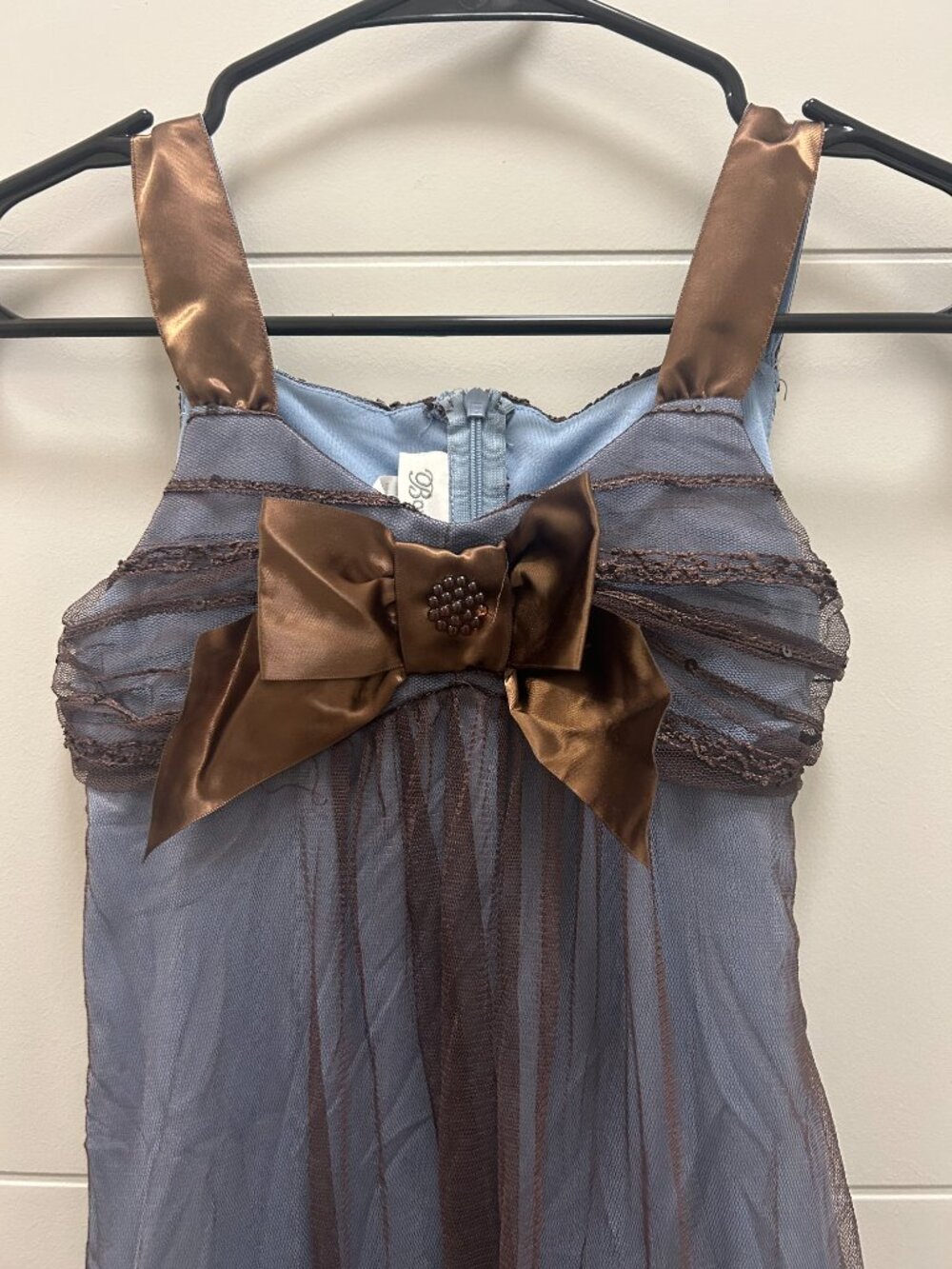 Bonnie Jean Girls Size 10 Blue Brown Mesh Dress Bow Empire Waist Formal Y2K - Picture 2 of 10